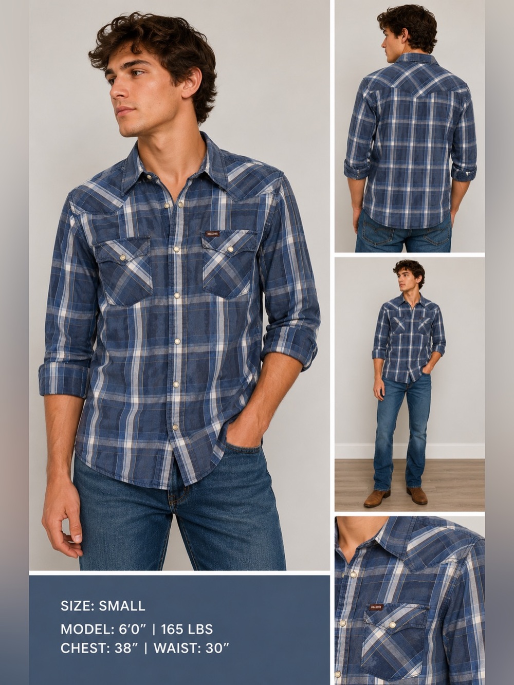 Hollister Blue Plaid Western Snap Button Shirt Size S